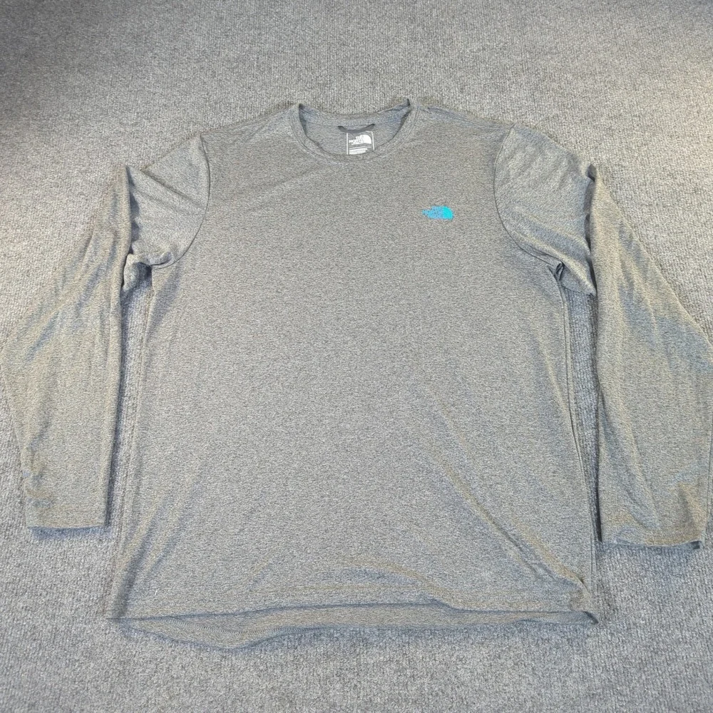 The North Face‎ Mens Long Sleeve Performance Shirt Heather Grey Teal Logo Size M
